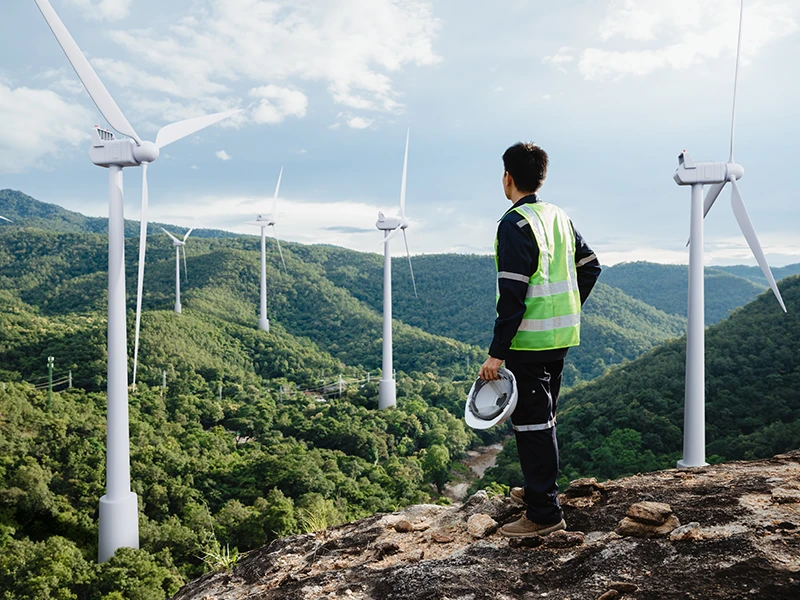 Eine Person in Arbeitskleidung blickt auf ein idyllisches Tal voller Windkraftanlagen.